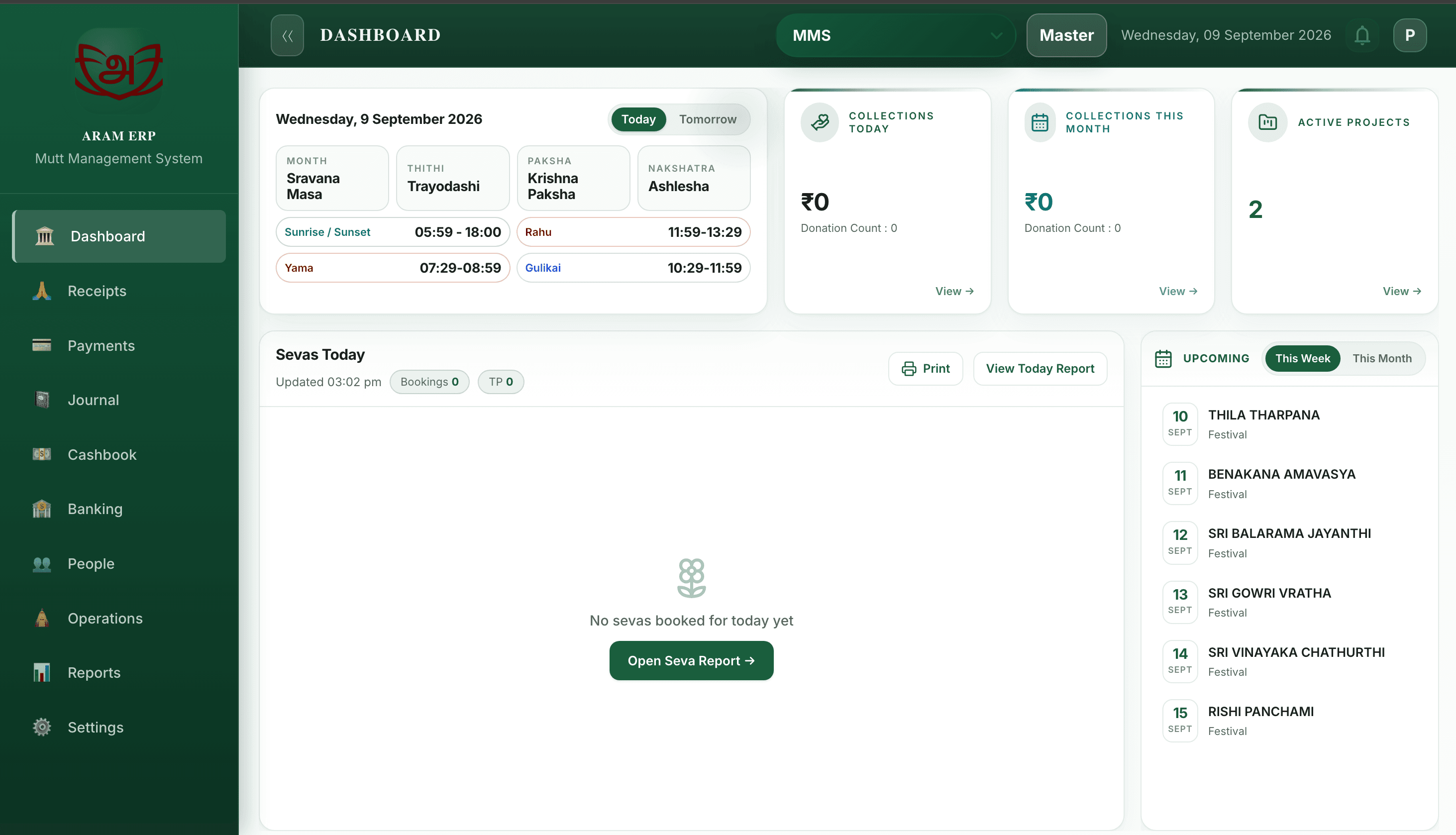 Aram ERP dashboard showing collections, projects, seva activity, and upcoming events